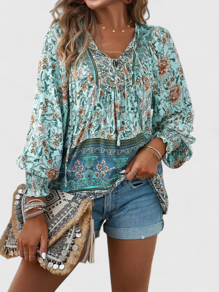 Women's Floral Long Sleeve Boho Peasant Top