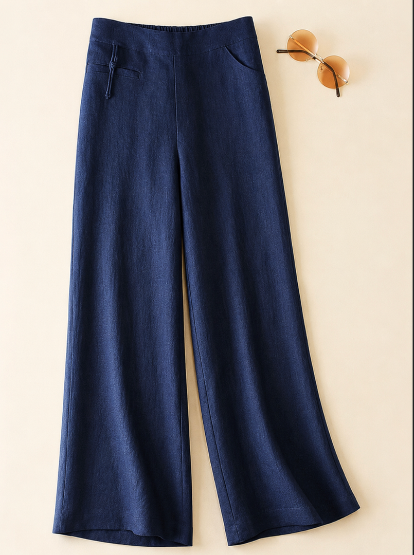 Women's Linen Wide Leg Pants Half Elastic High Waist Button Front Pocket Casual Style