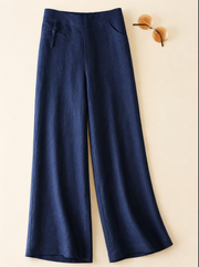 Women's Linen Wide Leg Pants Half Elastic High Waist Button Front Pocket Casual Style