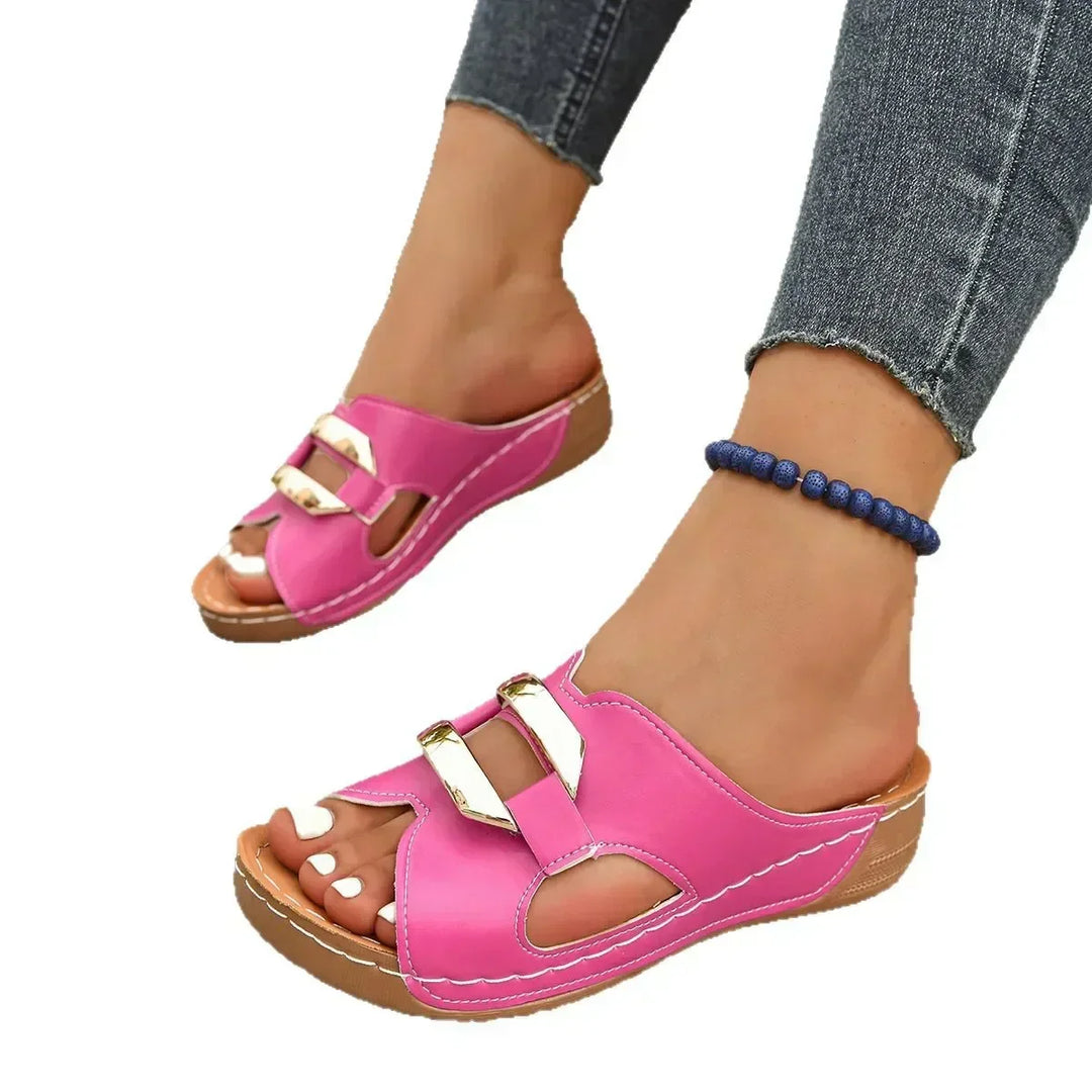 Women's Orthopedic Sandals Gold Metal Bar Cutout Wedge Heel Slip On Open Toe Style