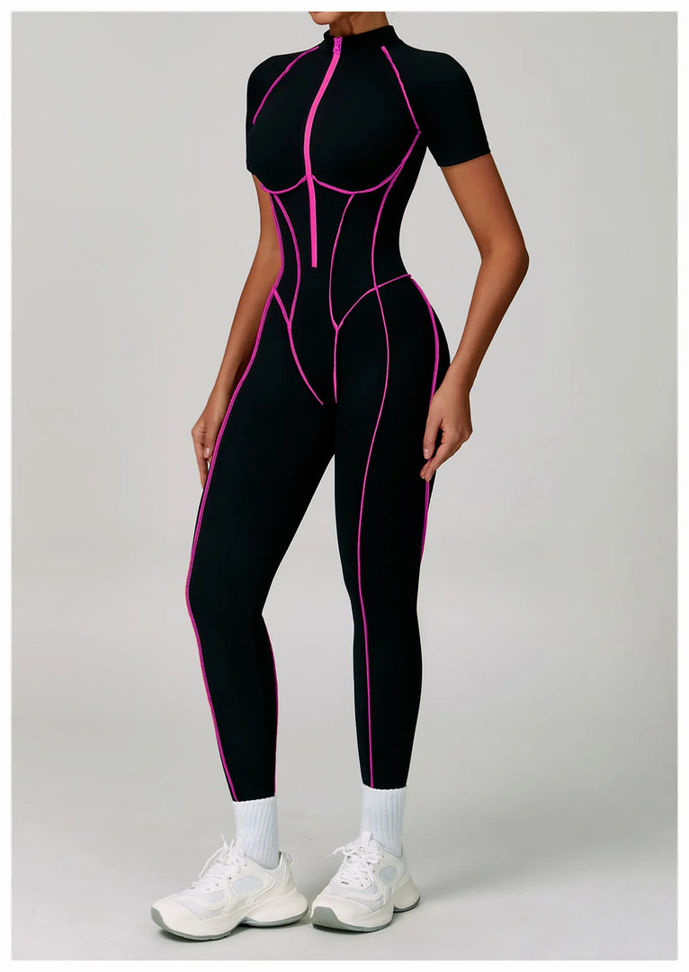 Contoured Zippered Performance Yoga Jumpsuit Nylon Knit
