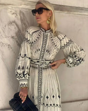 Women's Beige Printed a Line Dress Stand Collar Long Sleeve Belted Midi Casual Style