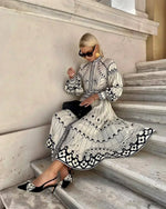 Load image into Gallery viewer, Women's Beige Printed a Line Dress Stand Collar Long Sleeve Belted Midi Casual Style
