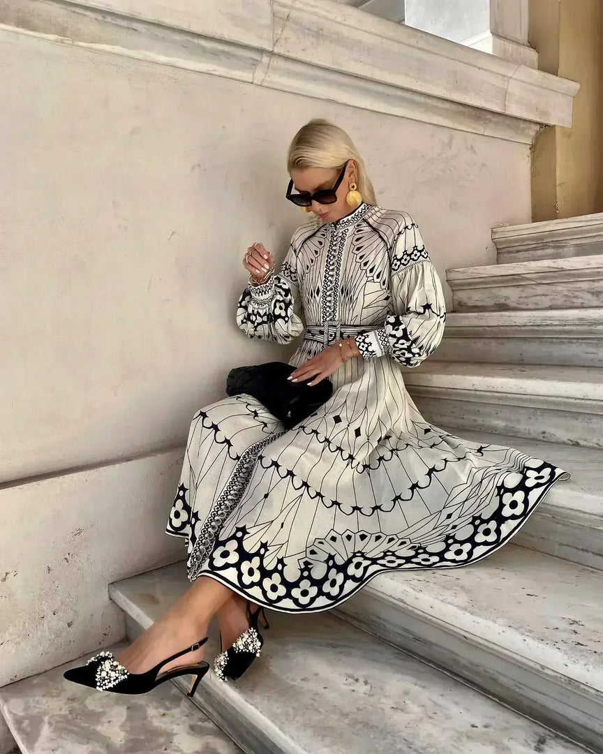 Women's Beige Printed a Line Dress Stand Collar Long Sleeve Belted Midi Casual Style