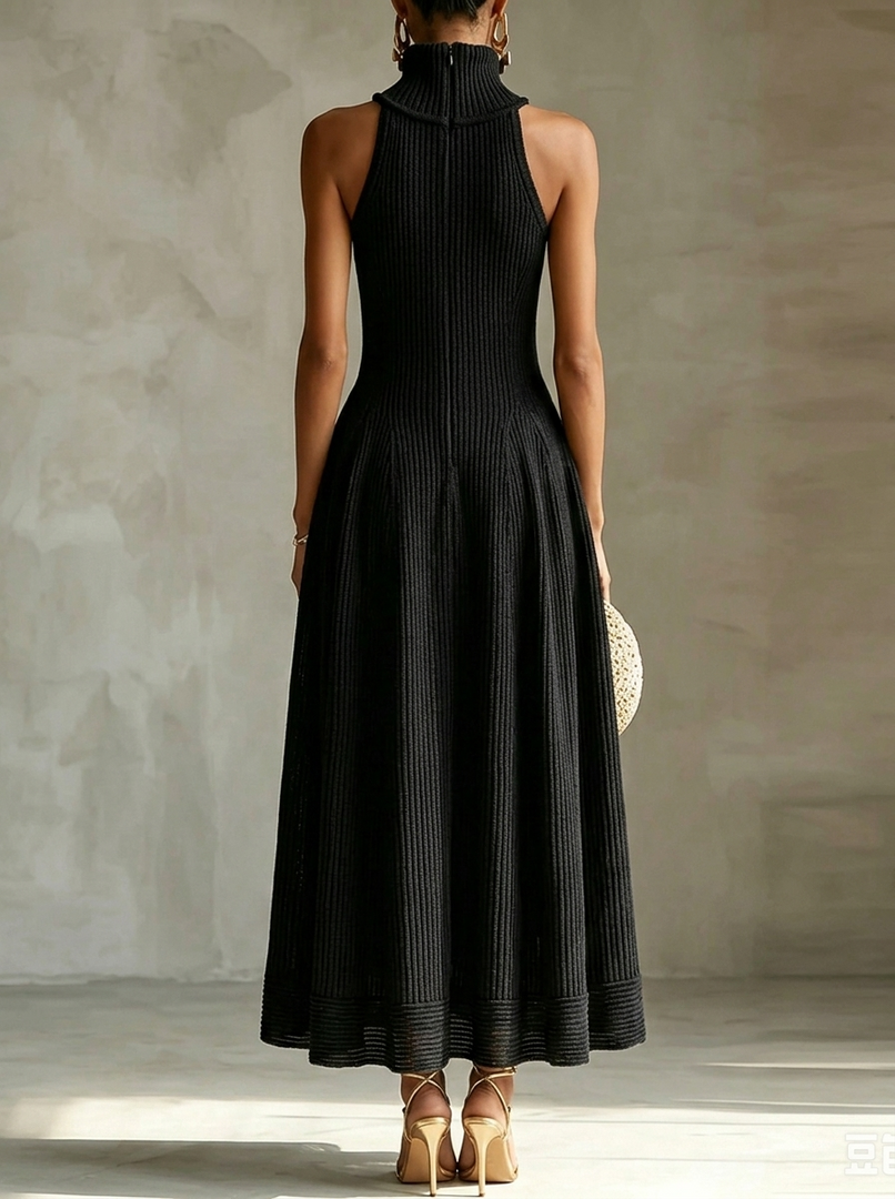 Women's Black Knit Maxi Dress Turtleneck Sleeveless High Slit Flowy a Line Style