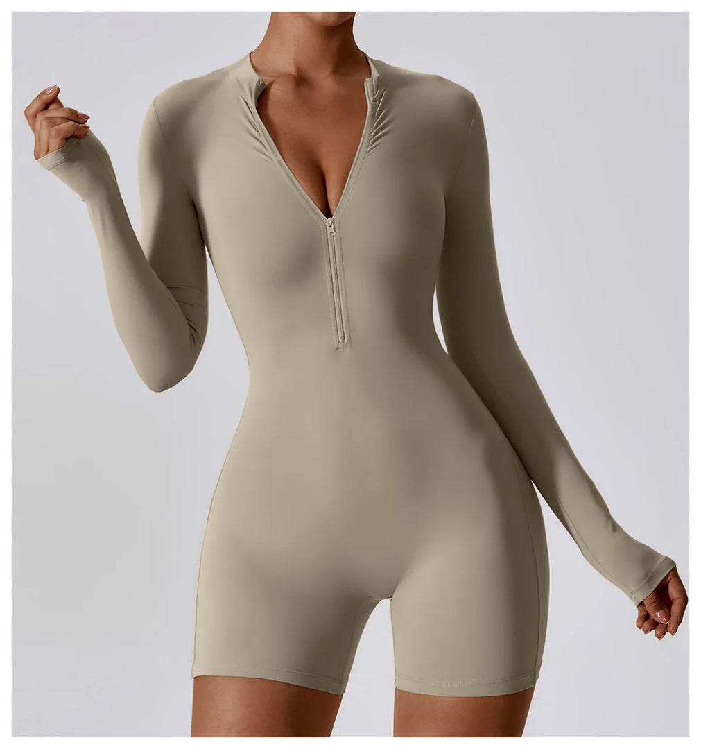 Zippered Long Sleeve Contour Yoga Jumpsuit Performance