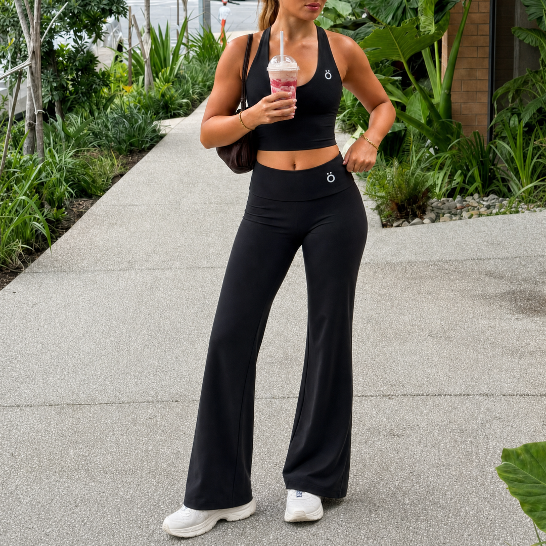 Severina & Lucilla Halter Bra and Flared Yoga Activewear Matching Set - In Black