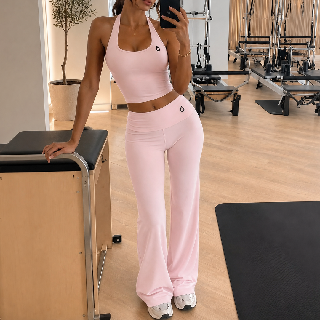 Severina & Lucilla Halter Bra and Flared Yoga Activewear Matching Set - In Pink