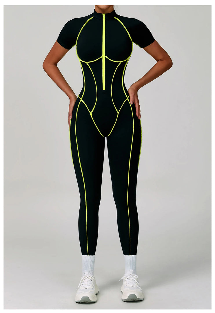 Contoured Zippered Performance Yoga Jumpsuit Nylon Knit