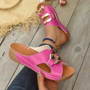 Women's Orthopedic Sandals Gold Metal Bar Cutout Wedge Heel Slip On Open Toe Style