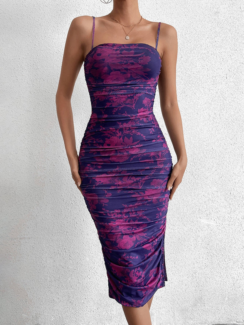 Side Split Thigh Ruched Print Mesh Bodycon Dress | Wedding Guest Dress