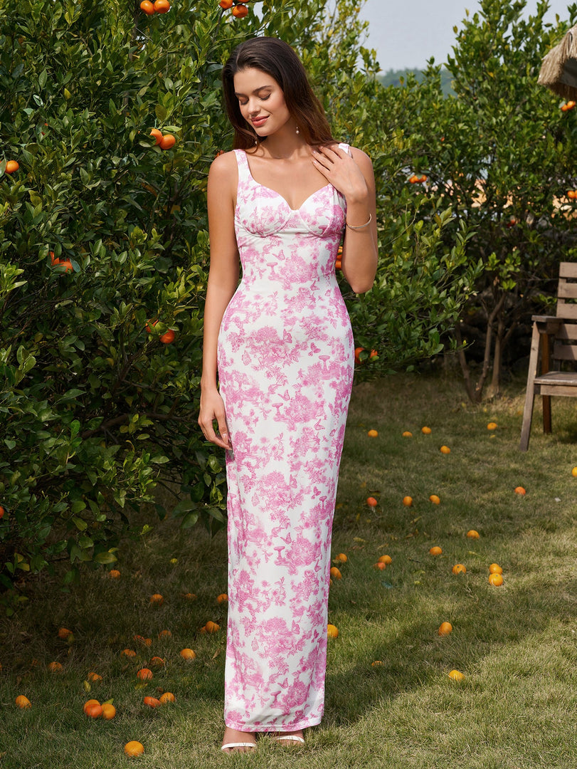 Split Hem Mesh Floral Print Bodycon Dress | Wedding Guest Dress
