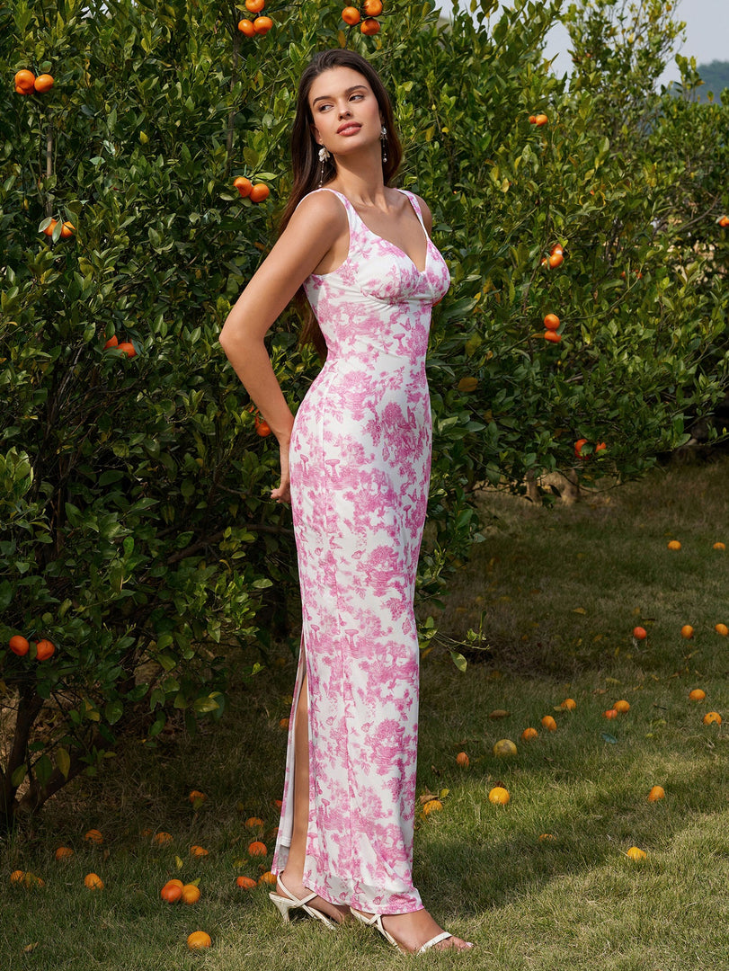 Split Hem Mesh Floral Print Bodycon Dress | Wedding Guest Dress