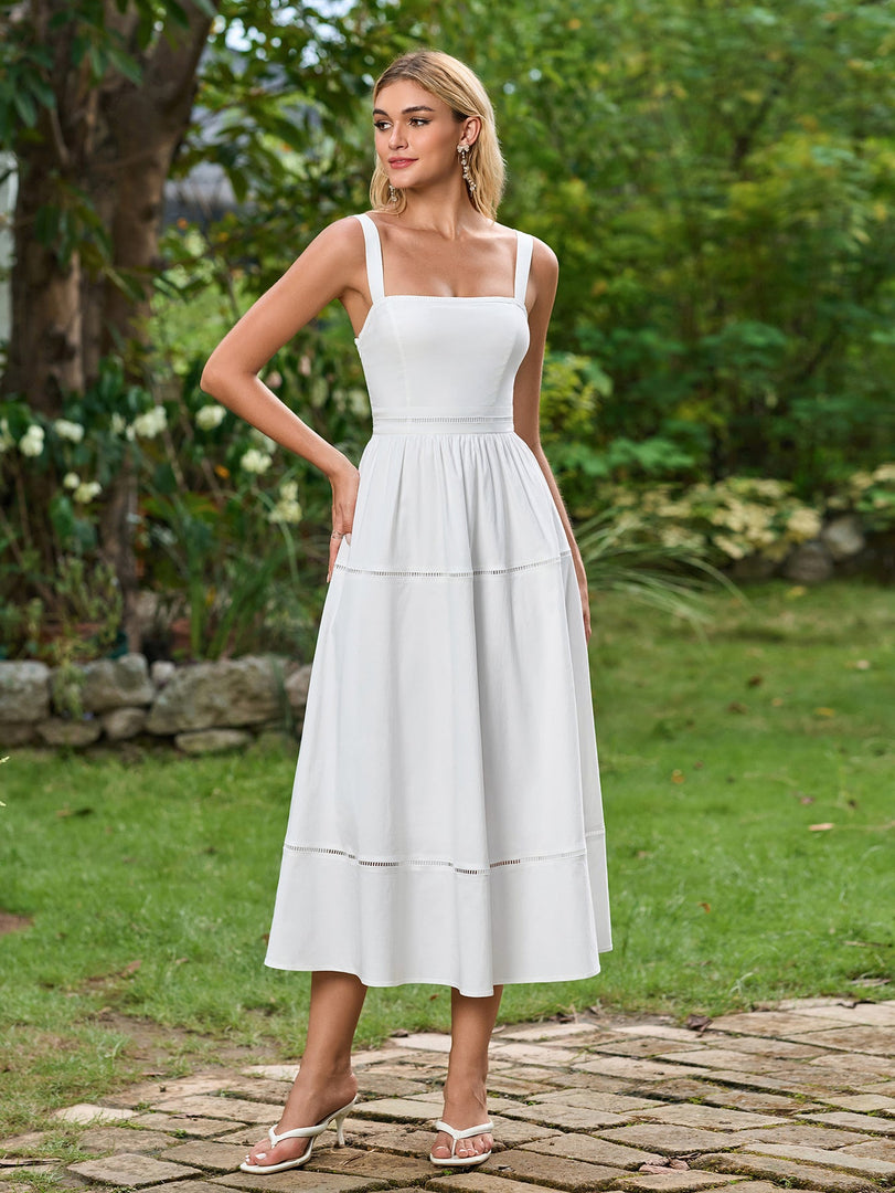 Square Neck Backless Ruched Solid Midi Dress | Cocktail Dress