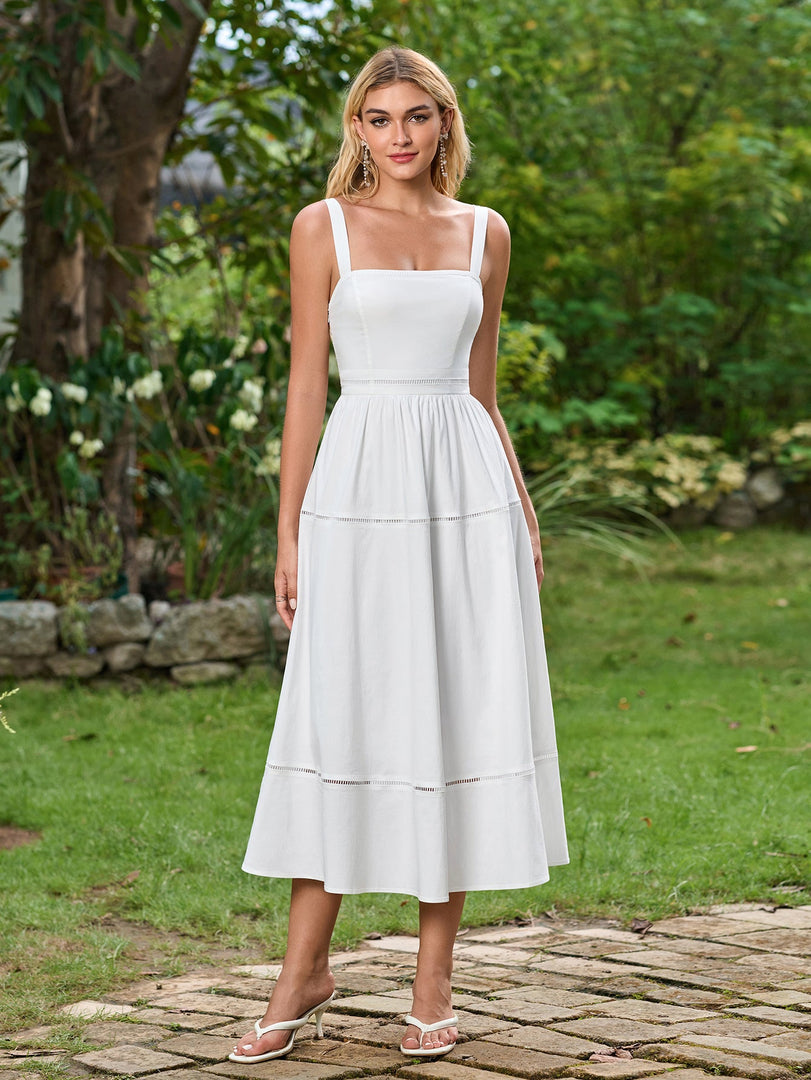 Square Neck Backless Ruched Solid Midi Dress | Cocktail Dress