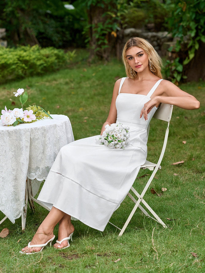 Square Neck Backless Ruched Solid Midi Dress | Cocktail Dress