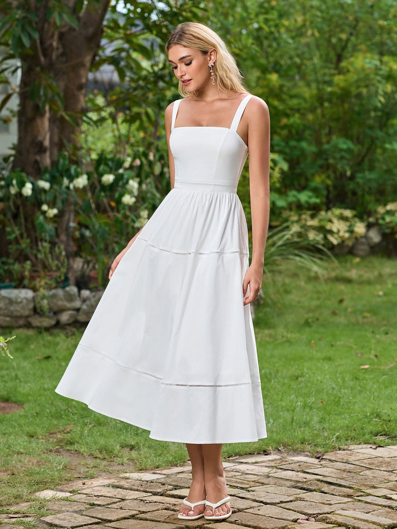 Square Neck Backless Ruched Solid Midi Dress | Cocktail Dress