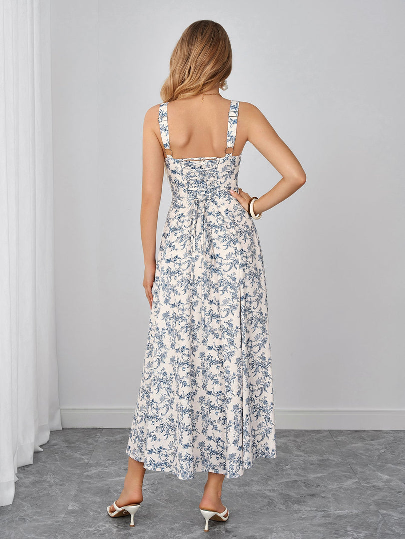Square Neck Crisscross Back Floral Print Dress | Wedding Guest Dress, Vacation Dress