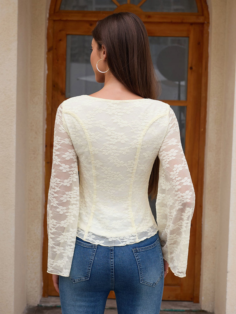 Square Neck Flared Sleeve Tie Front Lace Top | Vacation Top