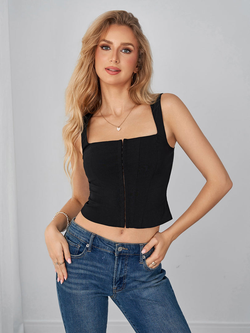 Square Neck Hook And Eye Front Solid Crop Top | Formal Event Top