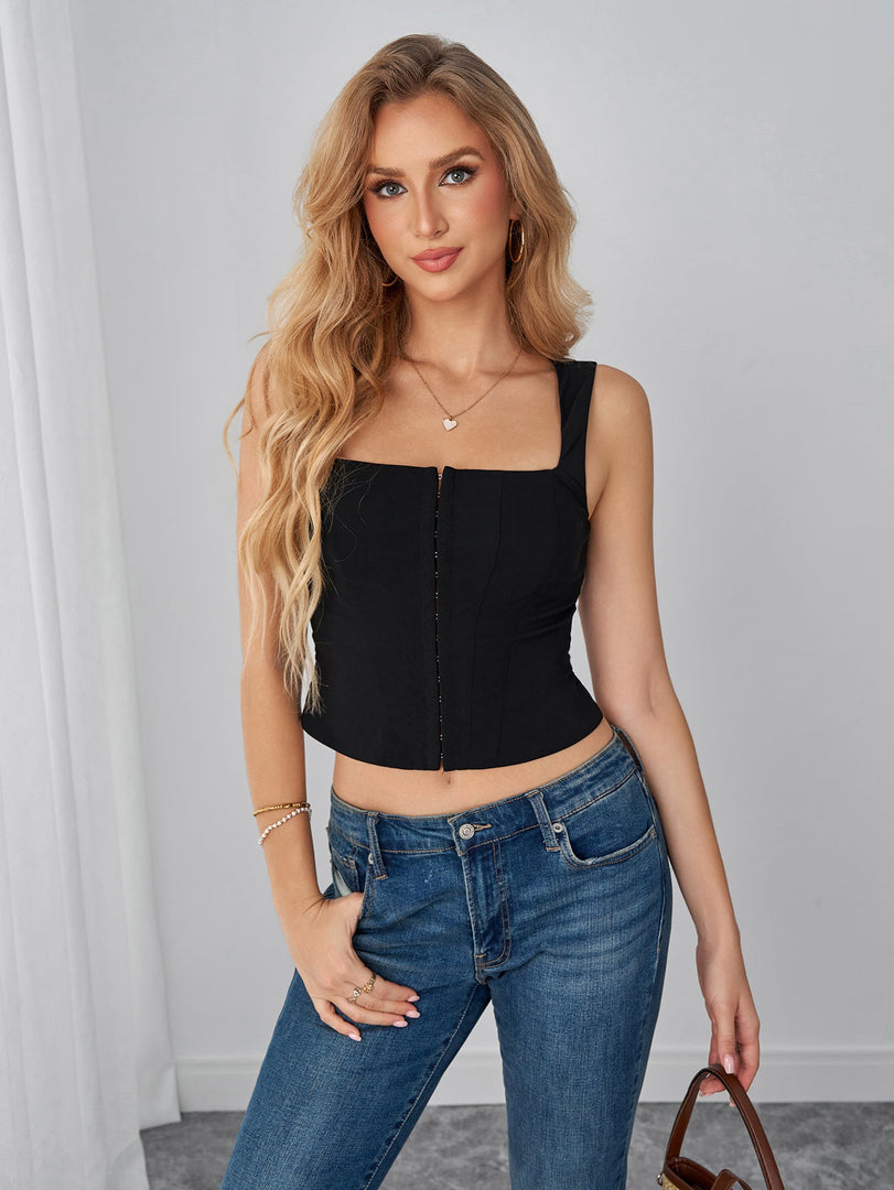 Square Neck Hook And Eye Front Solid Crop Top | Formal Event Top