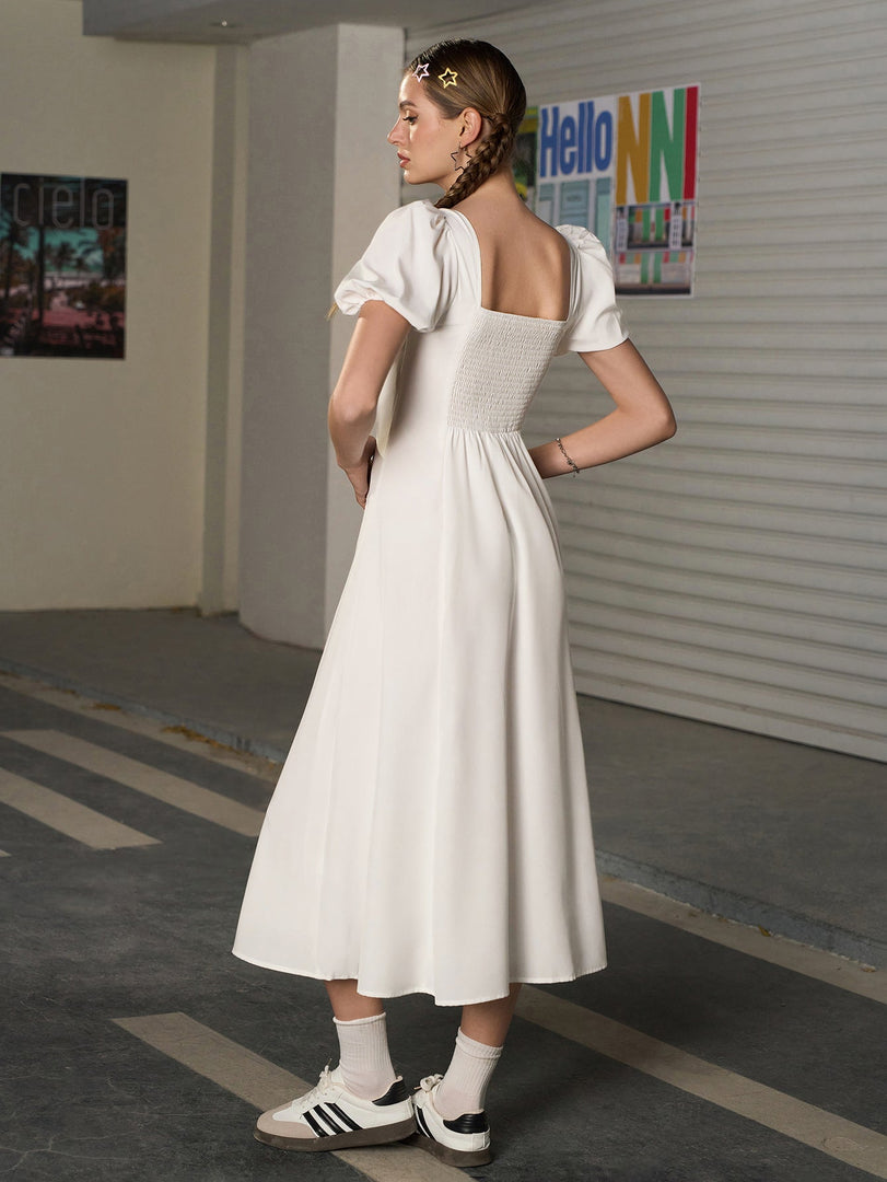 Square Neck Puff Sleeve Ruched Bust Midi Dress | Wedding Guest Dress, Cocktail Dress
