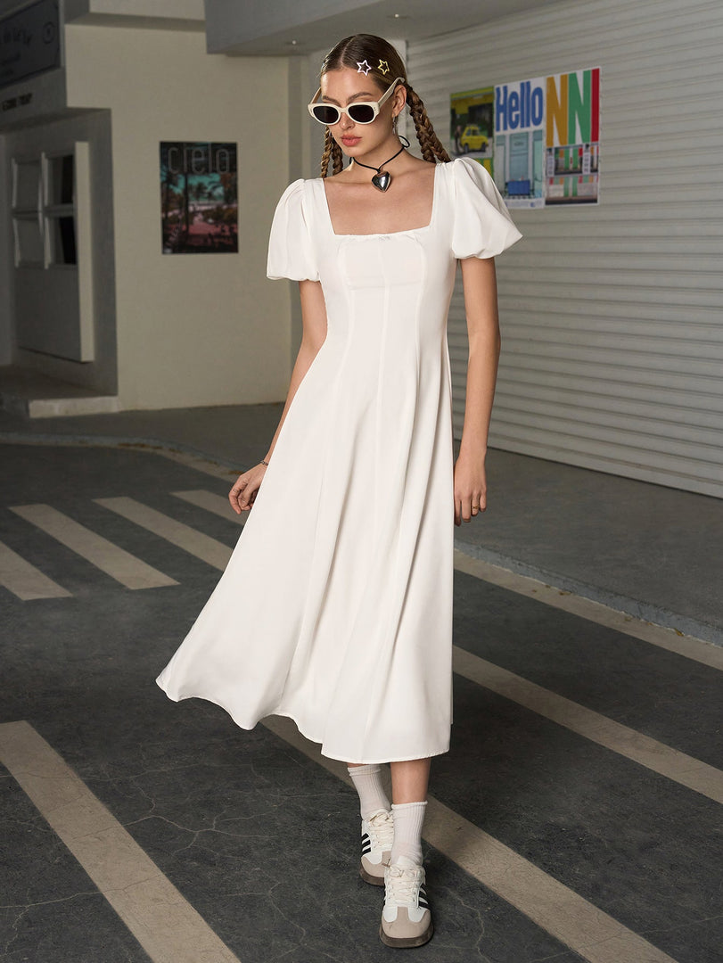 Square Neck Puff Sleeve Ruched Bust Midi Dress | Wedding Guest Dress, Cocktail Dress