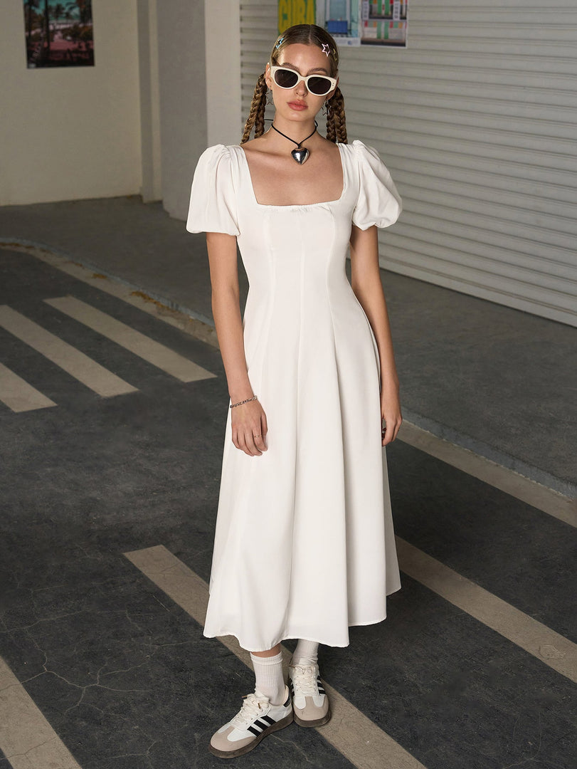 Square Neck Puff Sleeve Ruched Bust Midi Dress | Wedding Guest Dress, Cocktail Dress