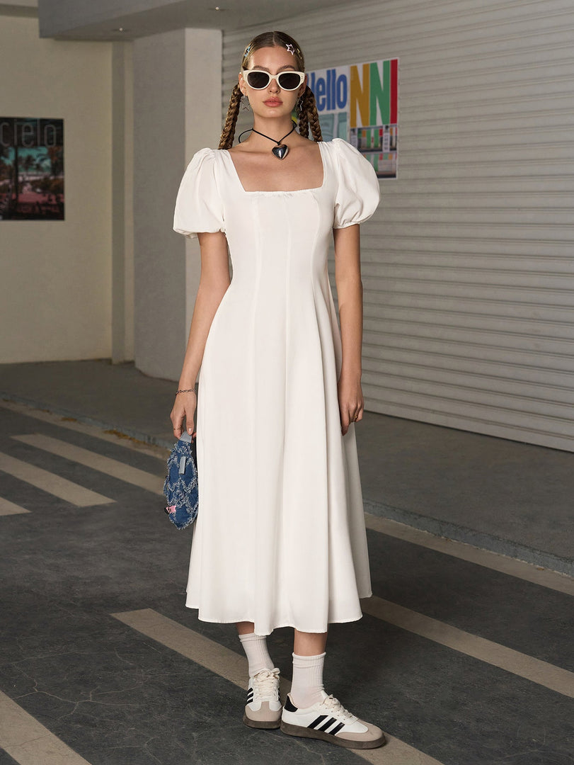 Square Neck Puff Sleeve Ruched Bust Midi Dress | Wedding Guest Dress, Cocktail Dress
