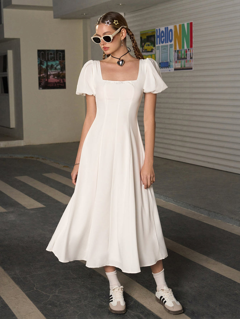 Square Neck Puff Sleeve Ruched Bust Midi Dress | Wedding Guest Dress, Cocktail Dress