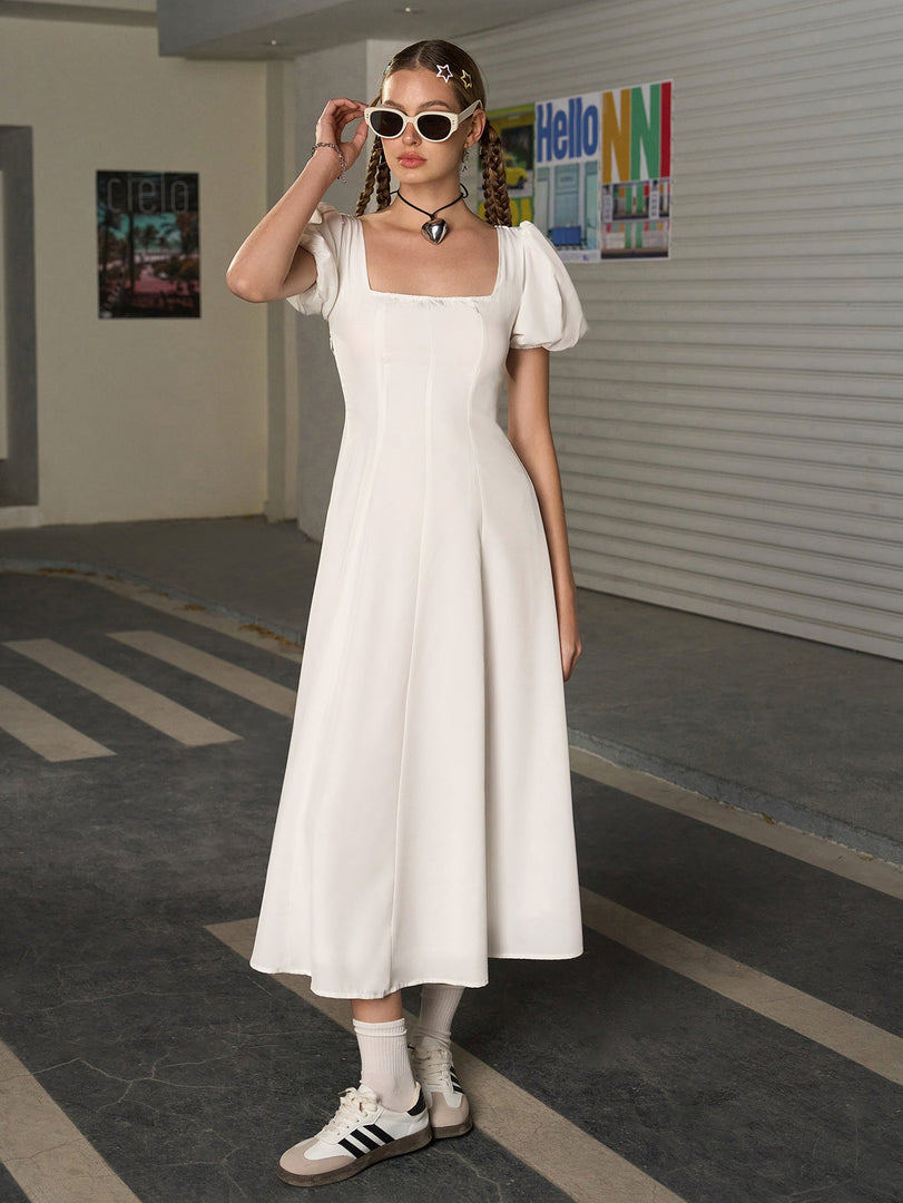 Square Neck Puff Sleeve Ruched Bust Midi Dress | Wedding Guest Dress, Cocktail Dress