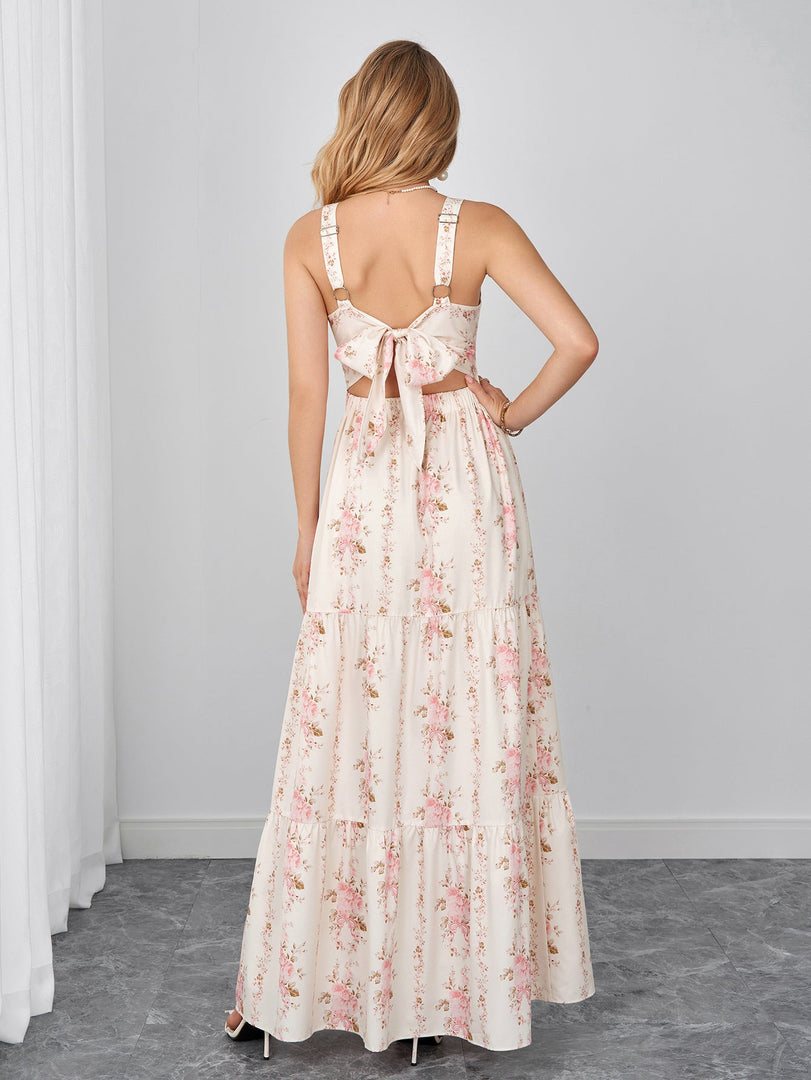 Square Neck Ruched Tie Back Floral Print Maxi Dress | Wedding Guest Dress, Vacation Dress