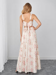 Square Neck Ruched Tie Back Floral Print Maxi Dress | Wedding Guest Dress, Vacation Dress