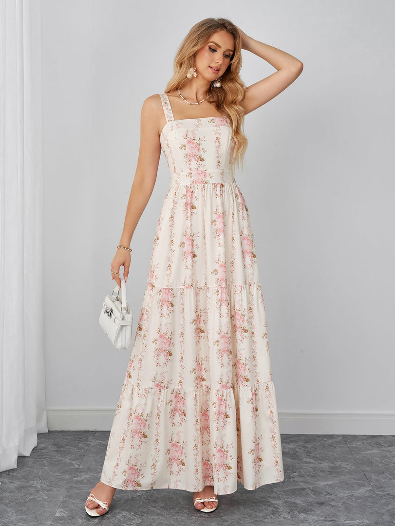 Square Neck Ruched Tie Back Floral Print Maxi Dress | Wedding Guest Dress, Vacation Dress