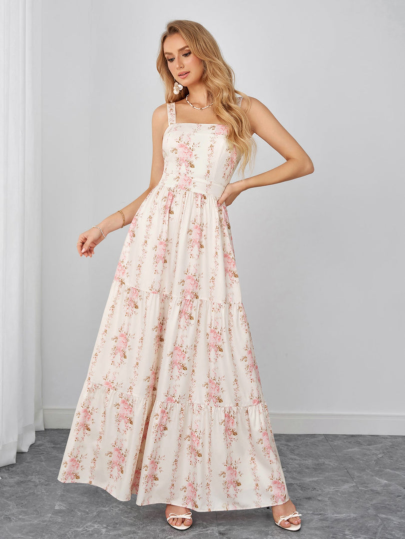 Square Neck Ruched Tie Back Floral Print Maxi Dress | Wedding Guest Dress, Vacation Dress