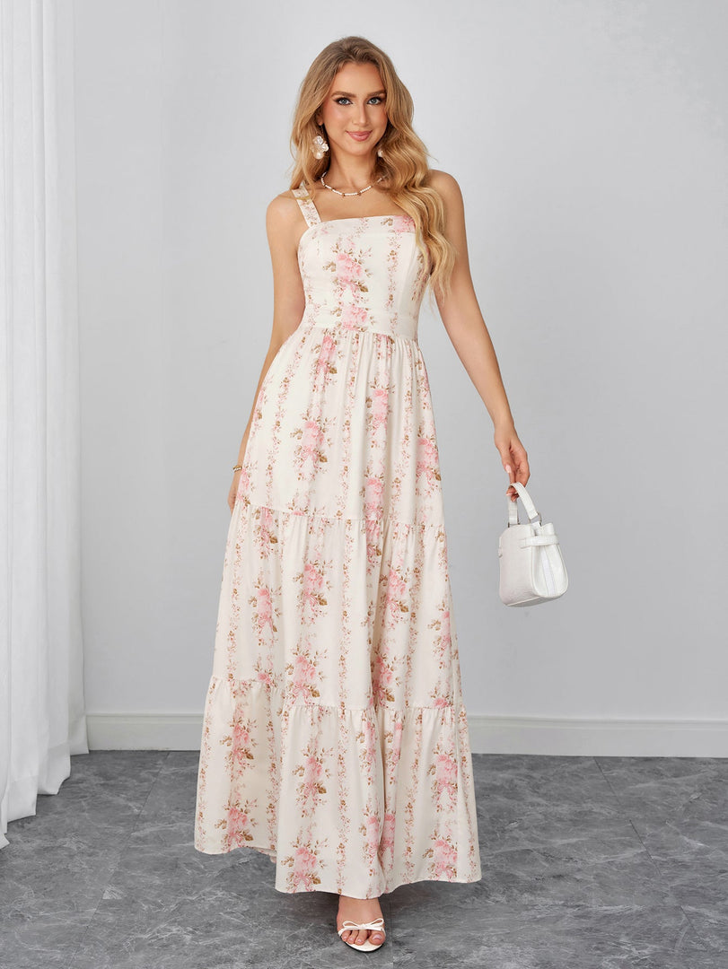 Square Neck Ruched Tie Back Floral Print Maxi Dress | Wedding Guest Dress, Vacation Dress