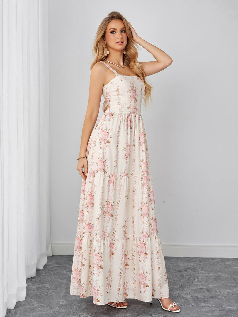 Square Neck Ruched Tie Back Floral Print Maxi Dress | Wedding Guest Dress, Vacation Dress