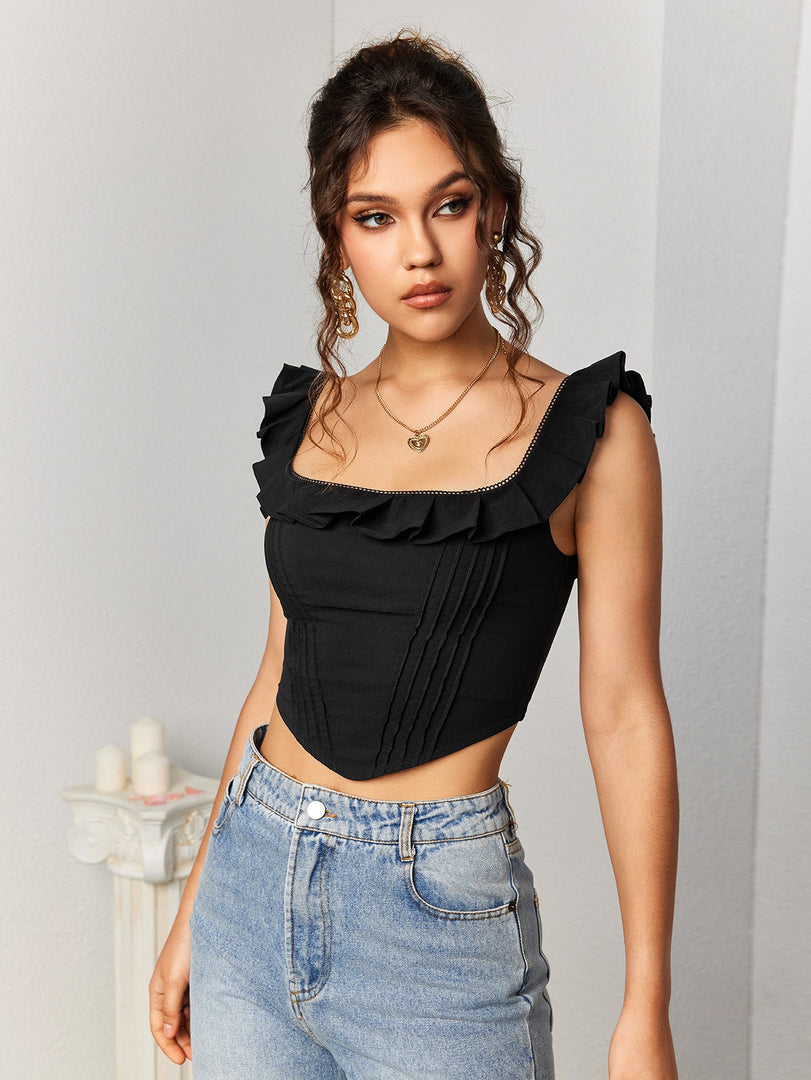 Square Neck Ruffles Asymmetrical Hem Tank Top | Vacation Top