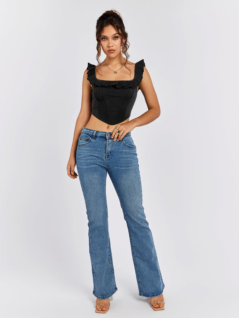 Square Neck Ruffles Asymmetrical Hem Tank Top | Vacation Top