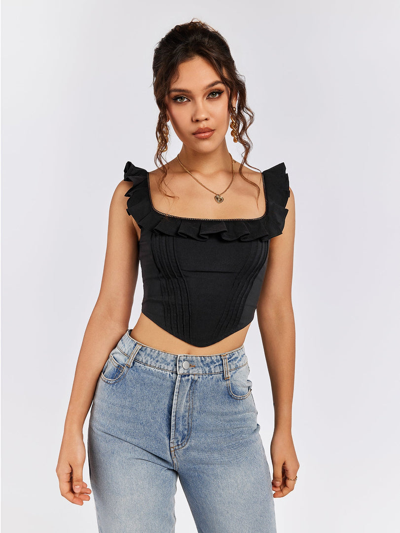 Square Neck Ruffles Asymmetrical Hem Tank Top | Vacation Top
