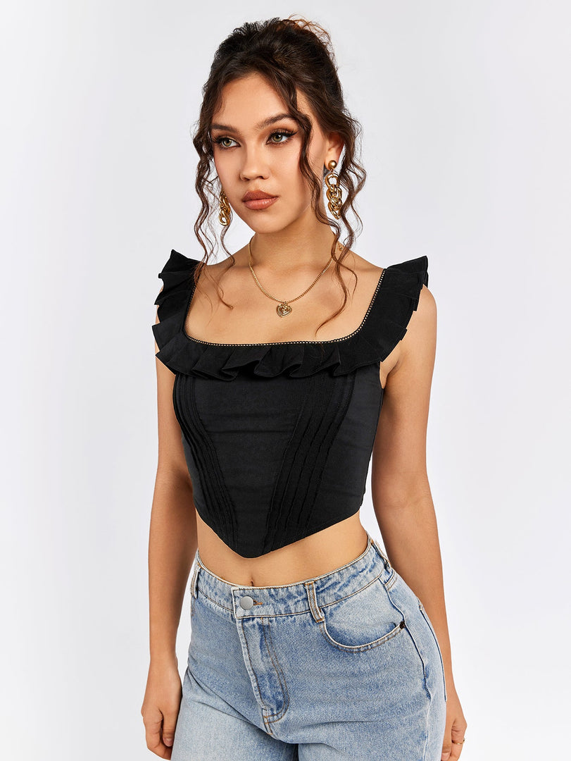 Square Neck Ruffles Asymmetrical Hem Tank Top | Vacation Top