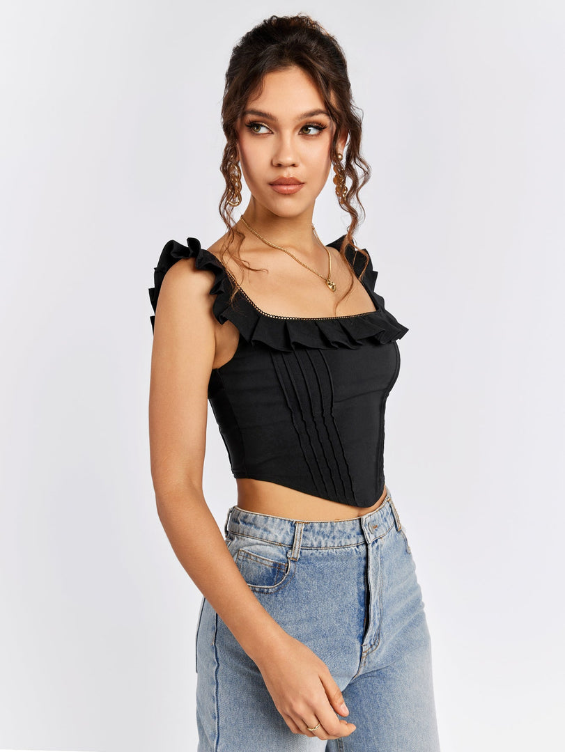 Square Neck Ruffles Asymmetrical Hem Tank Top | Vacation Top