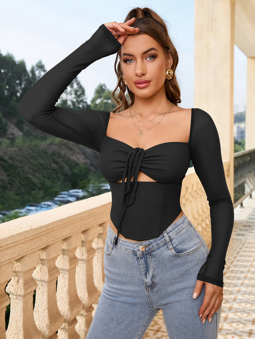 Square Neck Tie Front Cut Out Crop Top | Formal Event Top