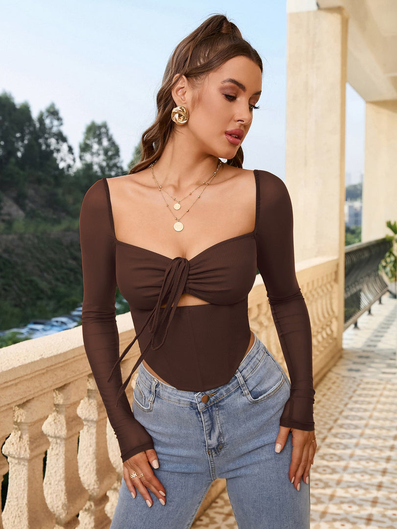Square Neck Tie Front Cut Out Crop Top | Formal Event Top