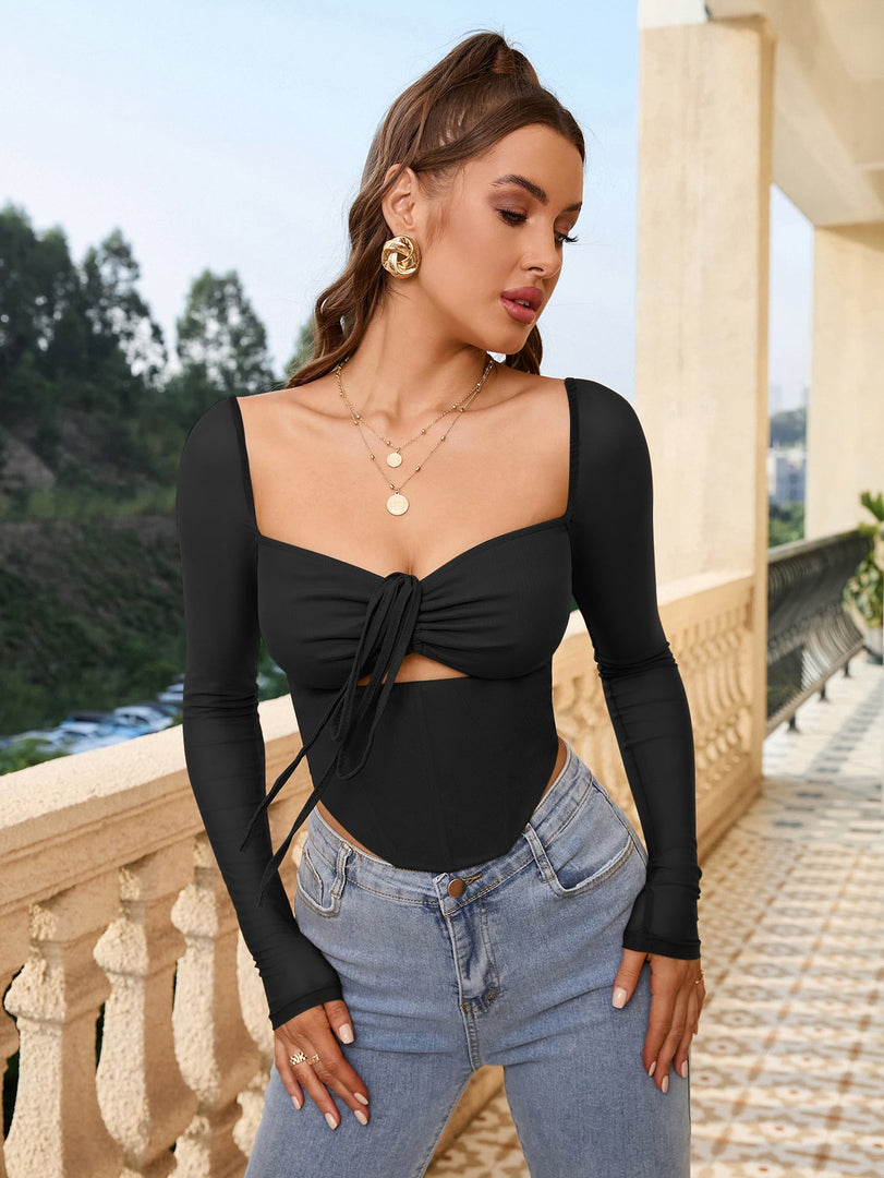 Square Neck Tie Front Cut Out Crop Top | Formal Event Top