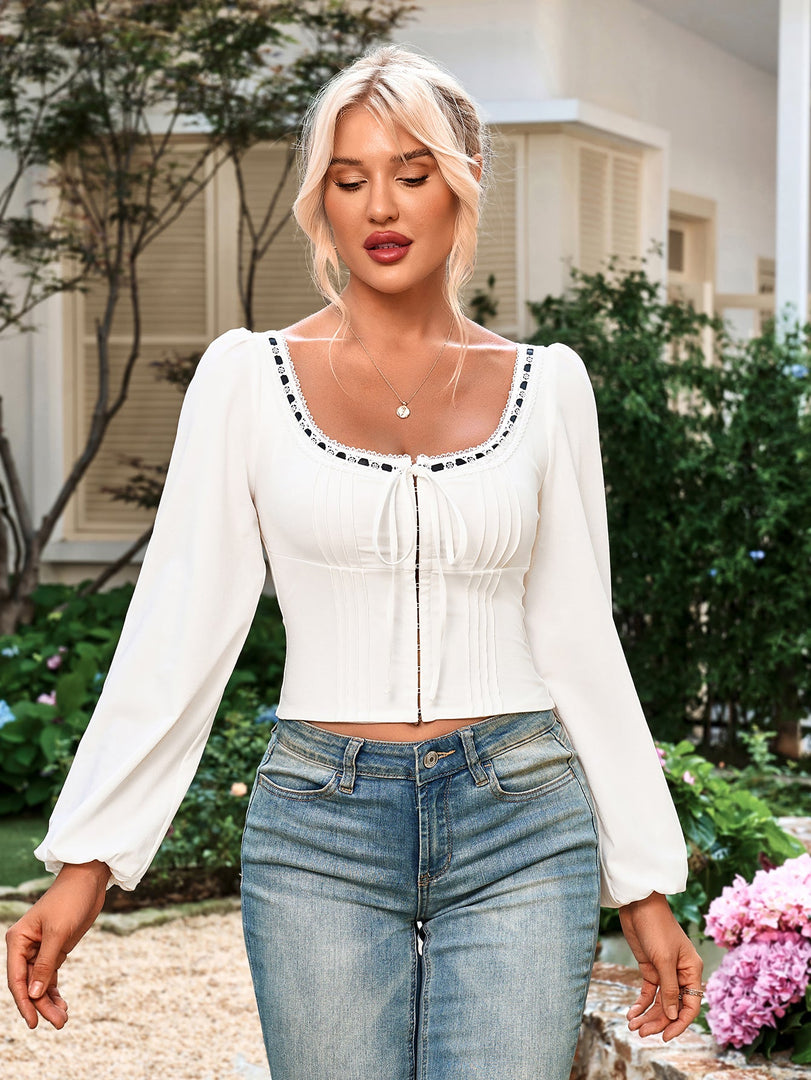 Square Neck Tie Hook And Eye Lace Contrast Top | Formal Event Top