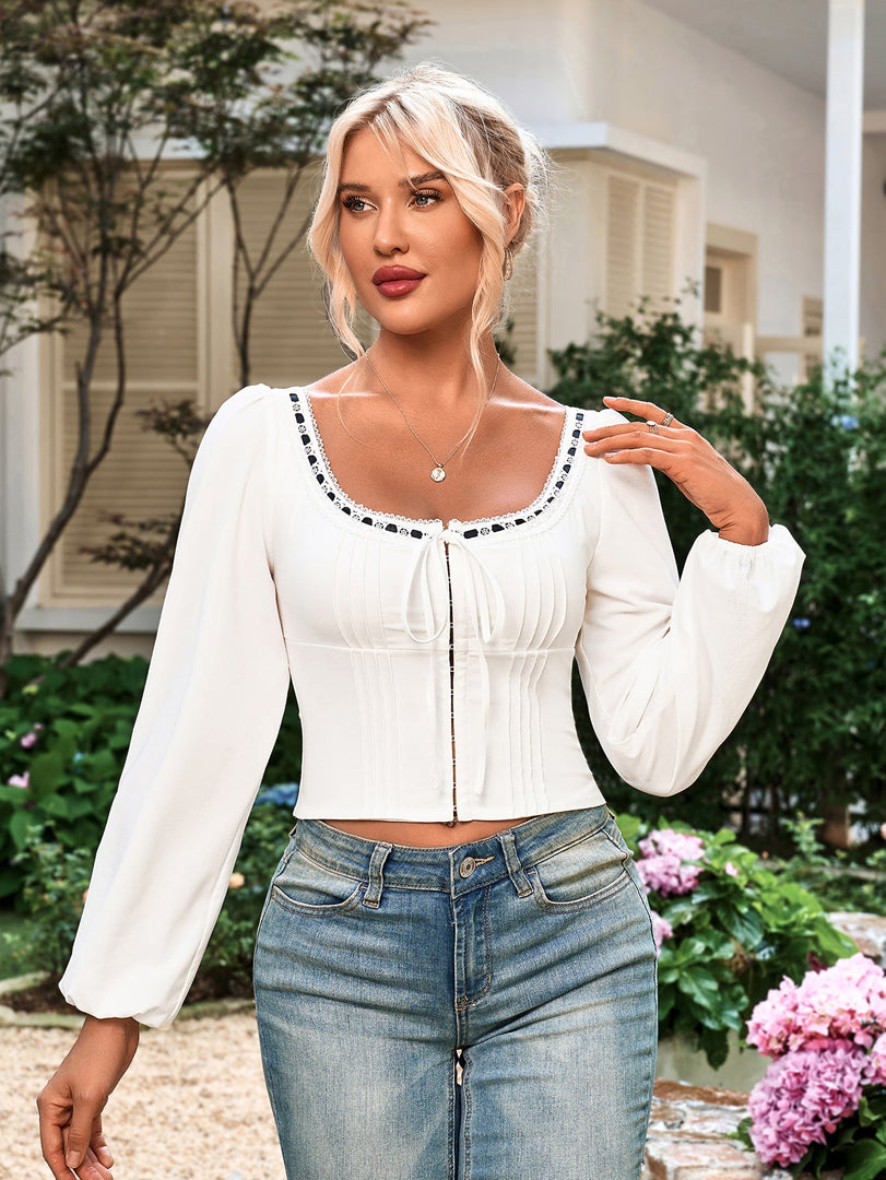 Square Neck Tie Hook And Eye Lace Contrast Top | Formal Event Top