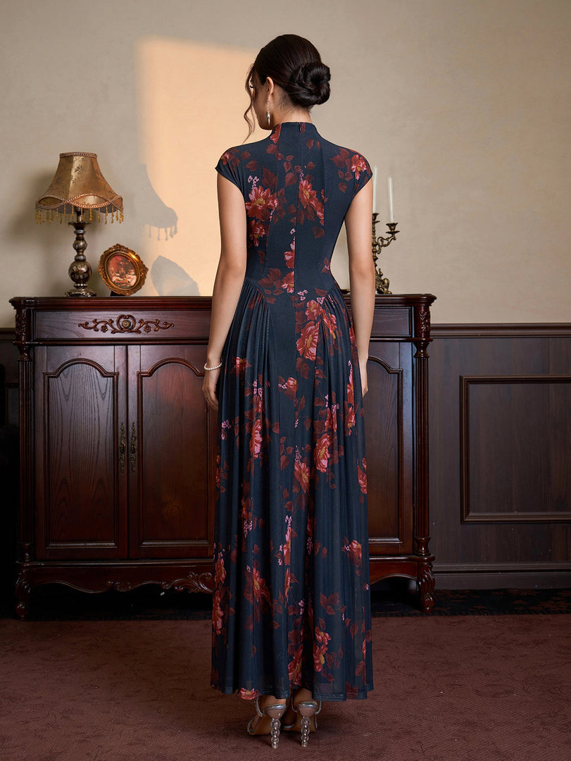 Stand Collar Neck Flared Hem Floral Print Mesh Dress | Wedding Guest Dress, Vacation Dress