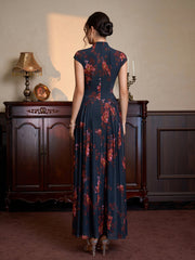 Stand Collar Neck Flared Hem Floral Print Mesh Dress | Wedding Guest Dress, Vacation Dress