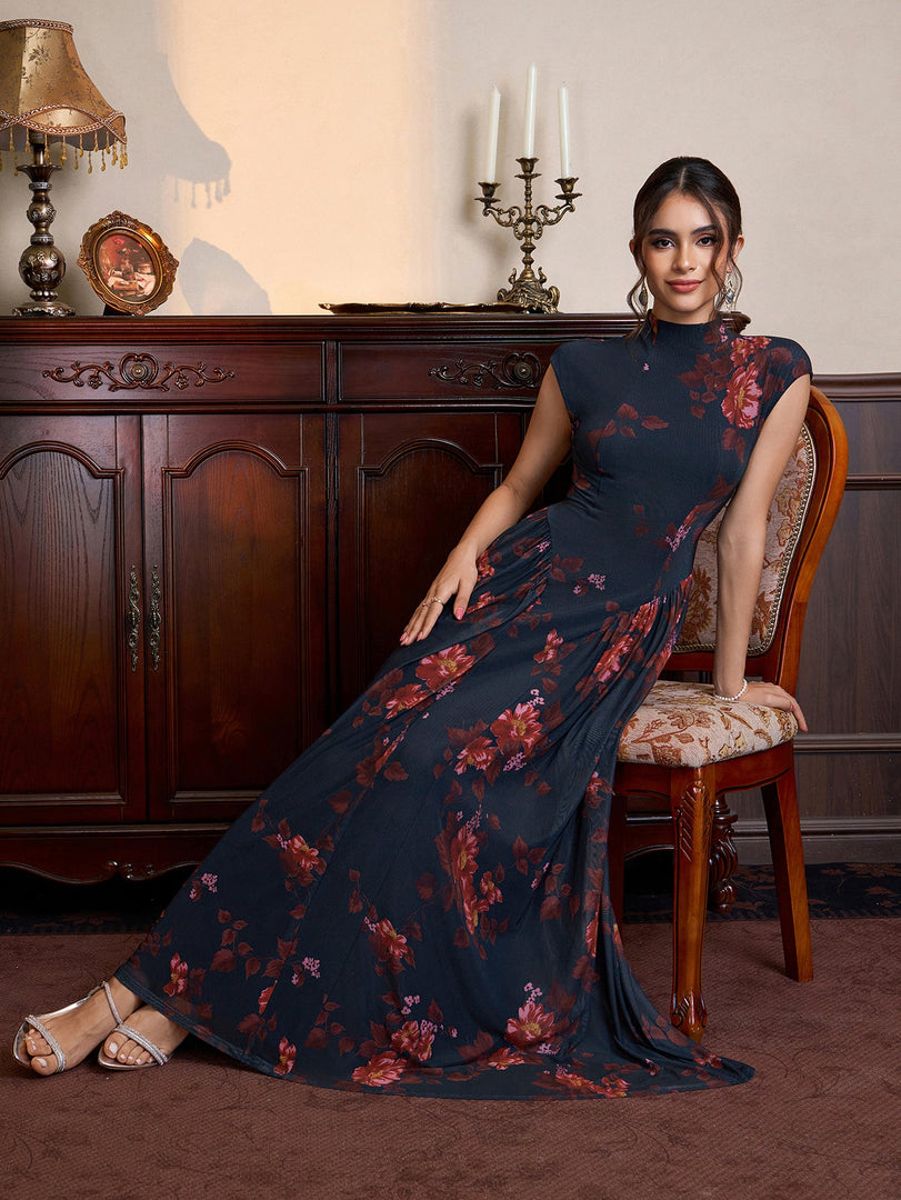 Stand Collar Neck Flared Hem Floral Print Mesh Dress | Wedding Guest Dress, Vacation Dress